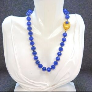 Vintage Blue Art Glass Bead & Gold Tone Clasp Choker Necklace